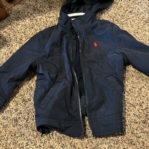 Boys Ralph Lauren size 3T navy blue lightweight jacket. Full zip with hood.